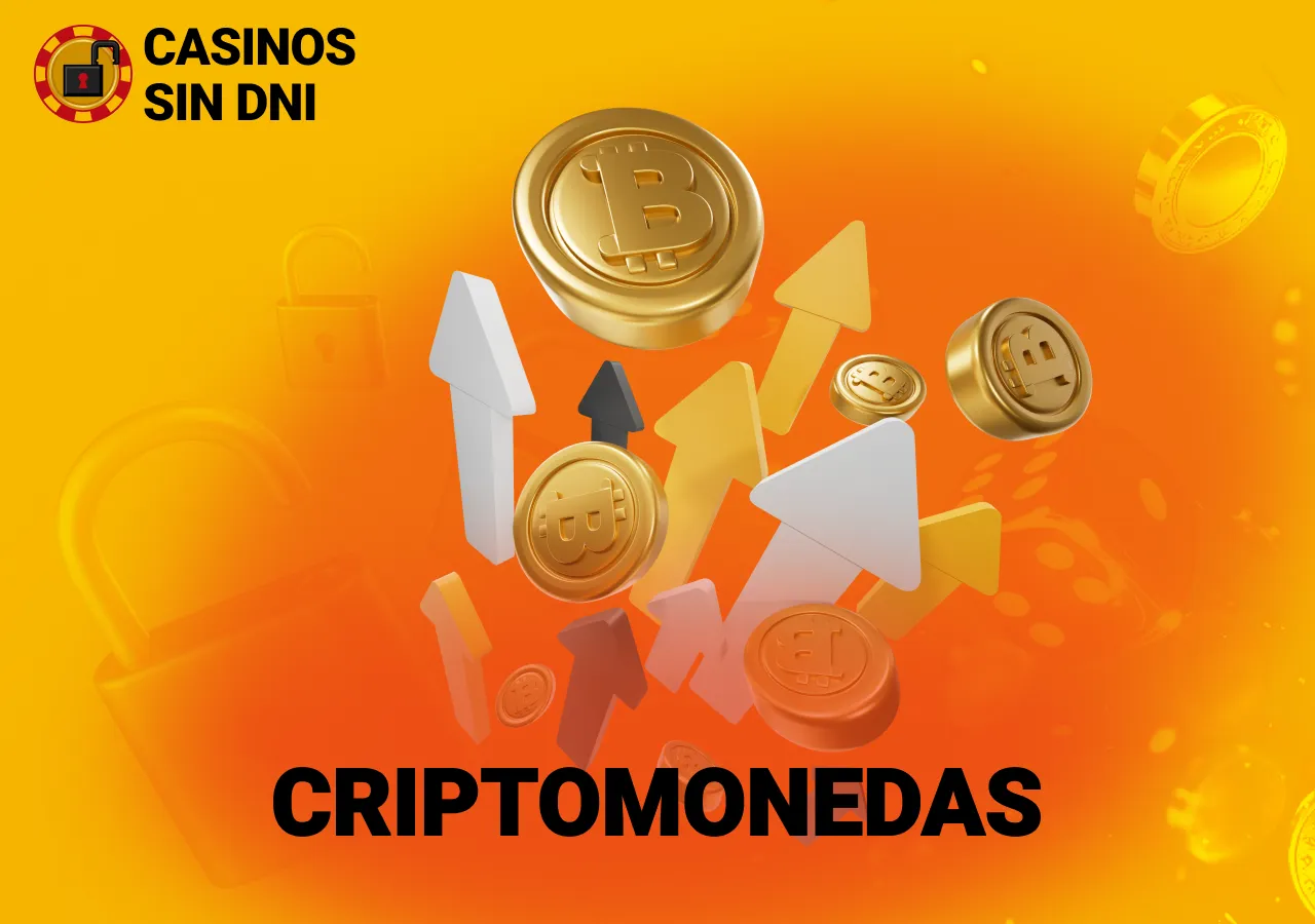 Monedas digitales y flechas que muestran pagos con criptomonedas en casinos online.